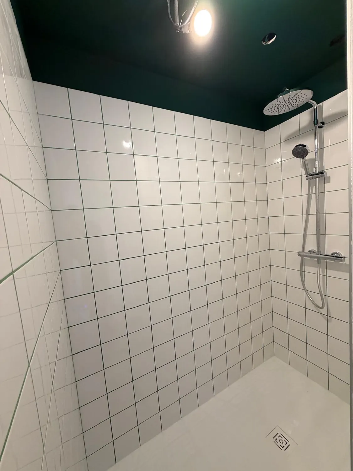 Douche en carrelage blanc avec plafond vert sapin